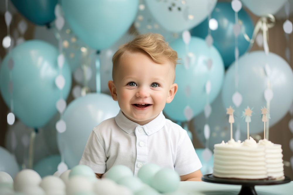 First birthday boy portrait balloon dessert. AI generated Image by rawpixel.