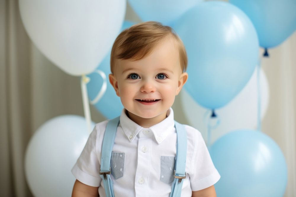 First birthday boy portrait balloon smile. AI generated Image by rawpixel.