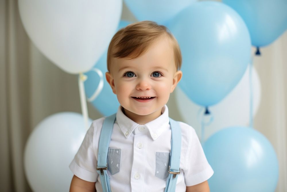 First birthday boy portrait balloon smile. 