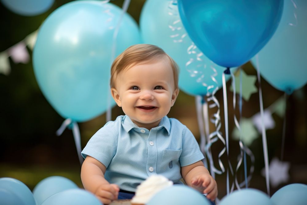 First birthday boy portrait balloon smile. AI generated Image by rawpixel.
