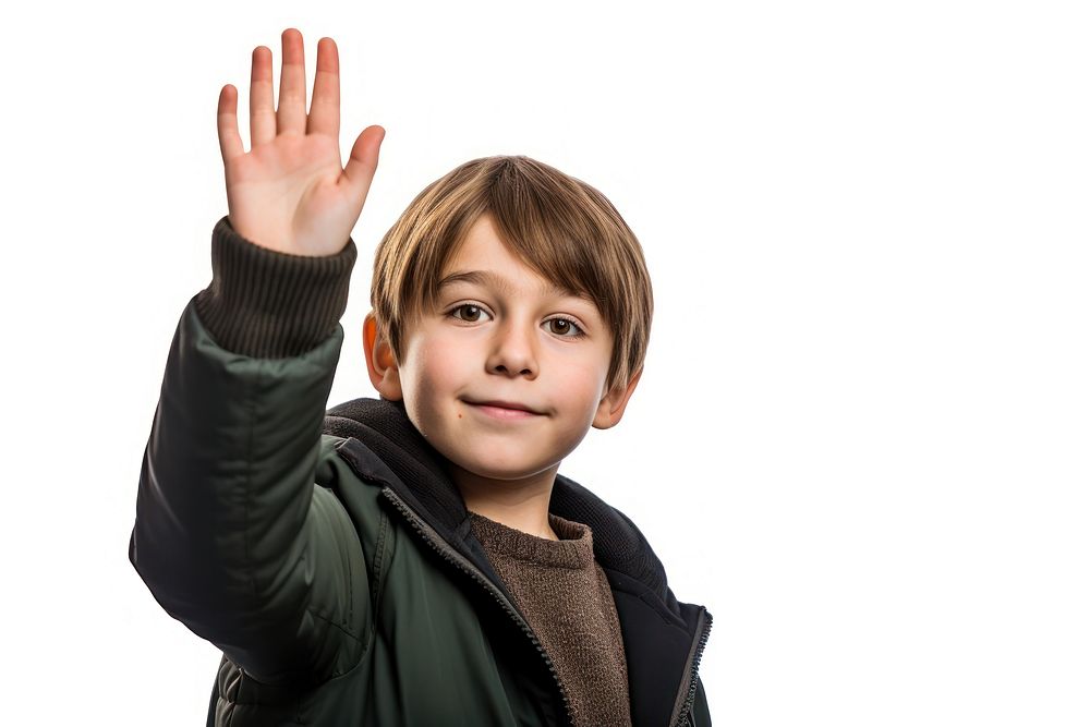 Young Boy Raising Hand hand portrait child. 