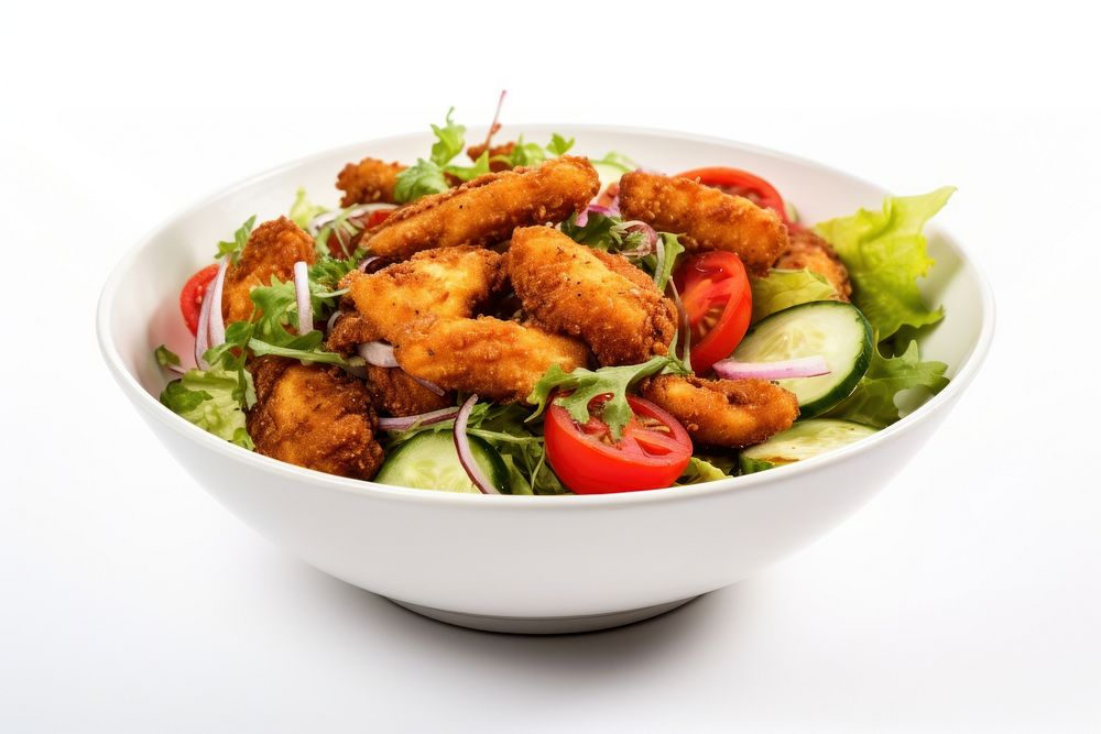 Fried chicken salad food bowl white background. AI generated Image by rawpixel.