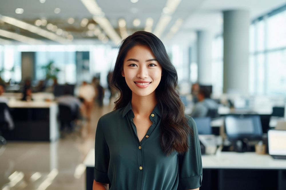 Happy asian woman smiling standing portrait blouse. 