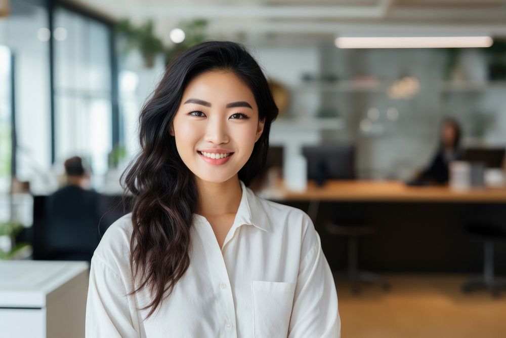 Happy japanese woman smiling standing portrait office. AI generated Image by rawpixel.