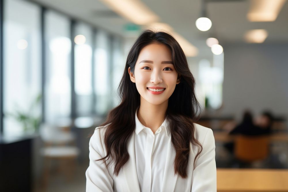 Happy korean woman smiling standing portrait office adult. 