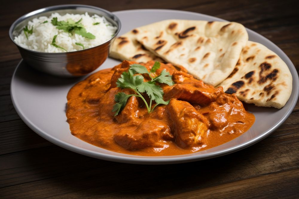 Tikka masala curry plate food naan. AI generated Image by rawpixel.