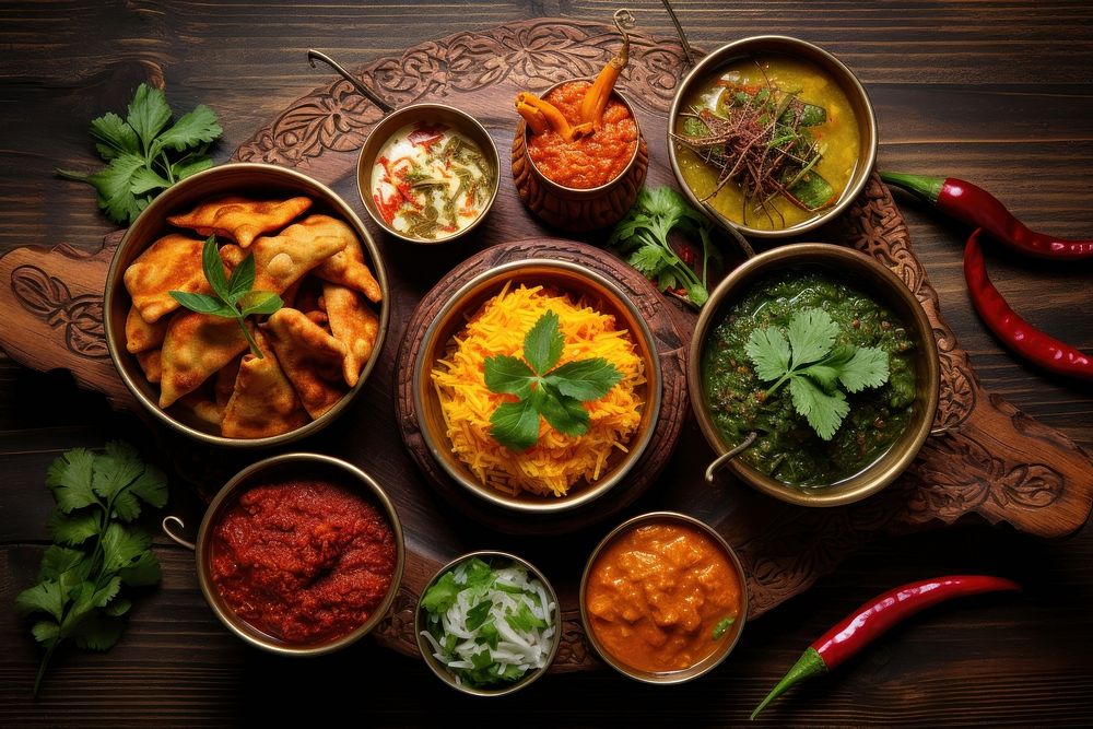 Traditional Indian dishes food table wood. AI generated Image by rawpixel.