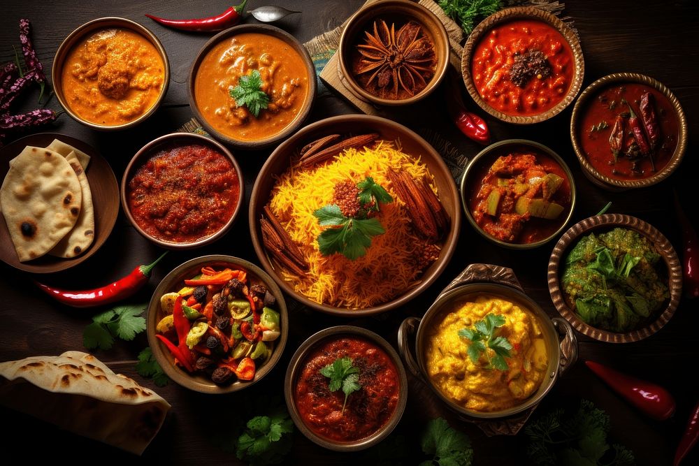 Traditional Indian dishes food table arrangement. 