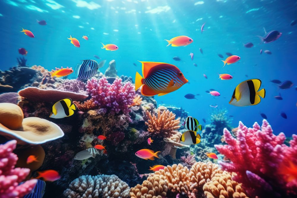 Underwater coral reef underwater fish aquarium. 