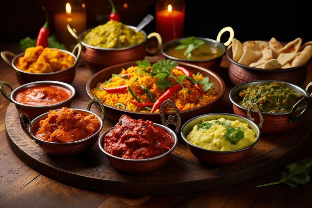 Traditional Indian dishes food table vegetable. 