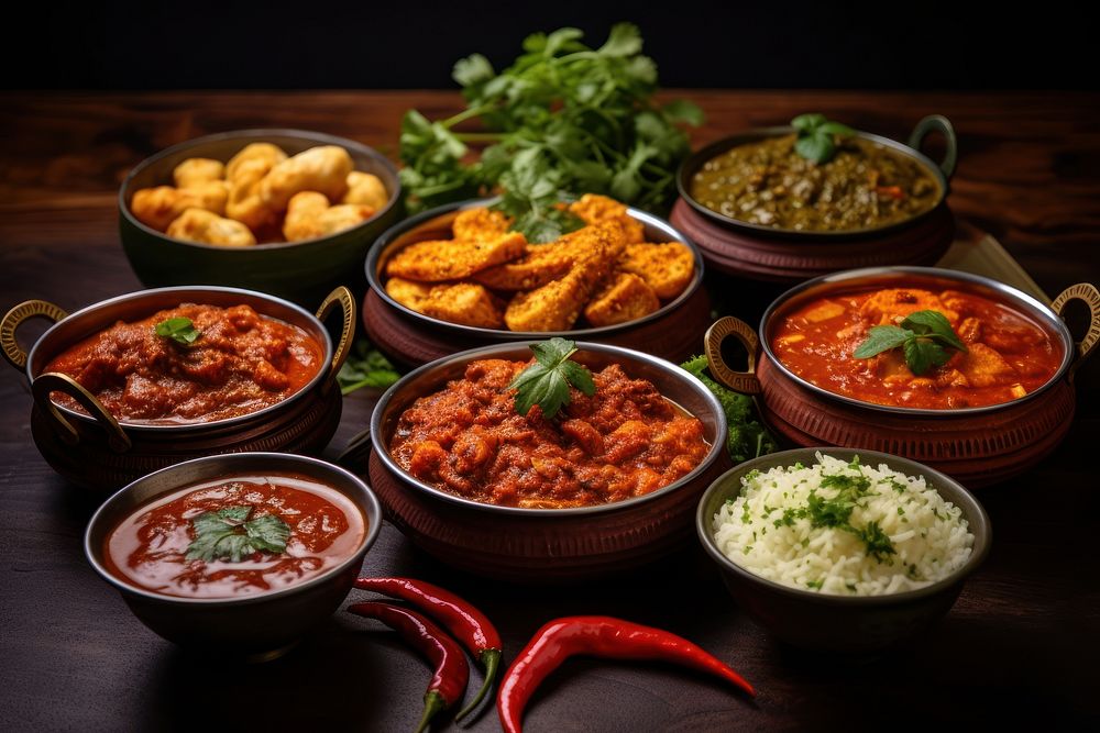 Traditional Indian dishes food table ingredient. 