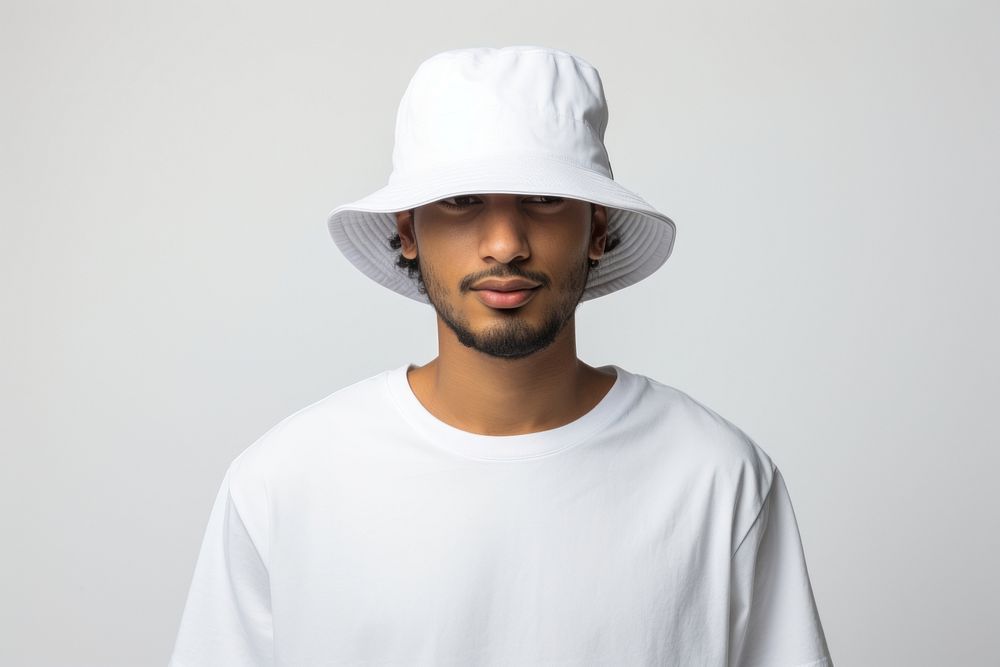 A man wearing white blank bucket hat t-shirt adult white background. 