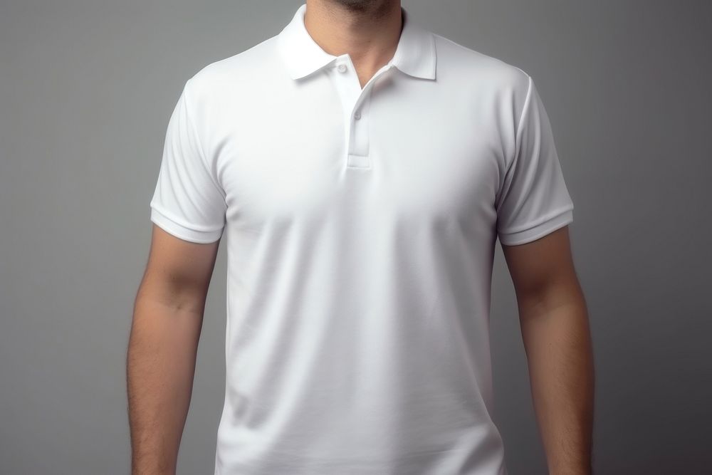 A man wearing white blank viscose blend knit polo shirt t-shirt sleeve midsection. AI generated Image by rawpixel.