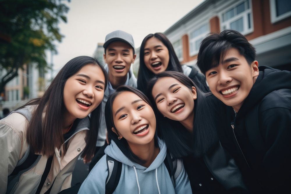 Asian college group university laughing selfie. AI generated Image by rawpixel.