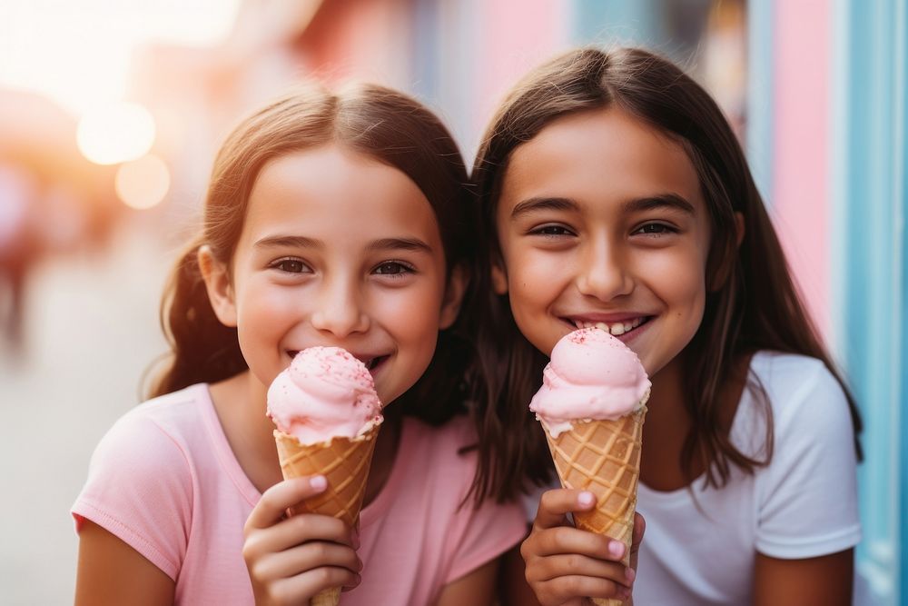 Girl eating ice cream portrait dessert smile. AI generated Image by rawpixel.