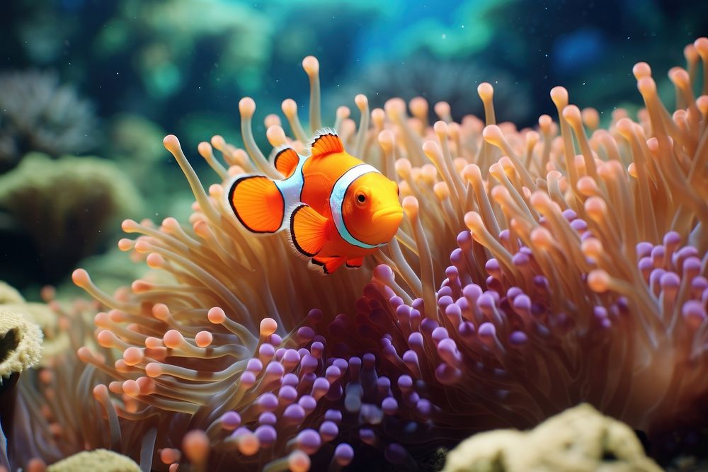 Orange clown fish sea outdoors swimming. 