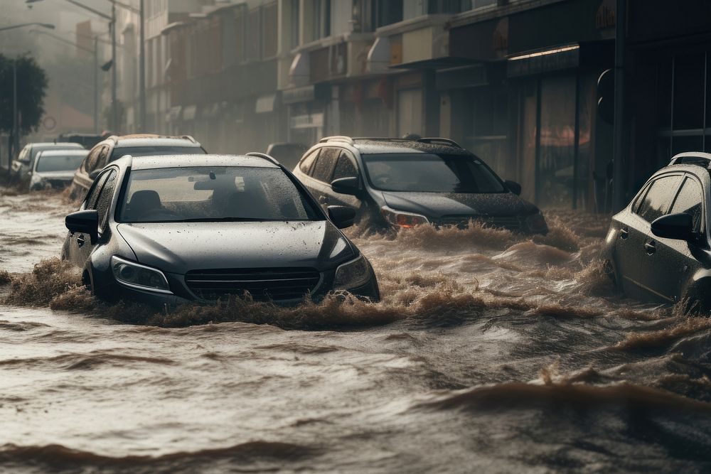 Cars struggle through a flooded street, water rising around vehicles. Flooded road challenges drivers. Vehicles navigate…