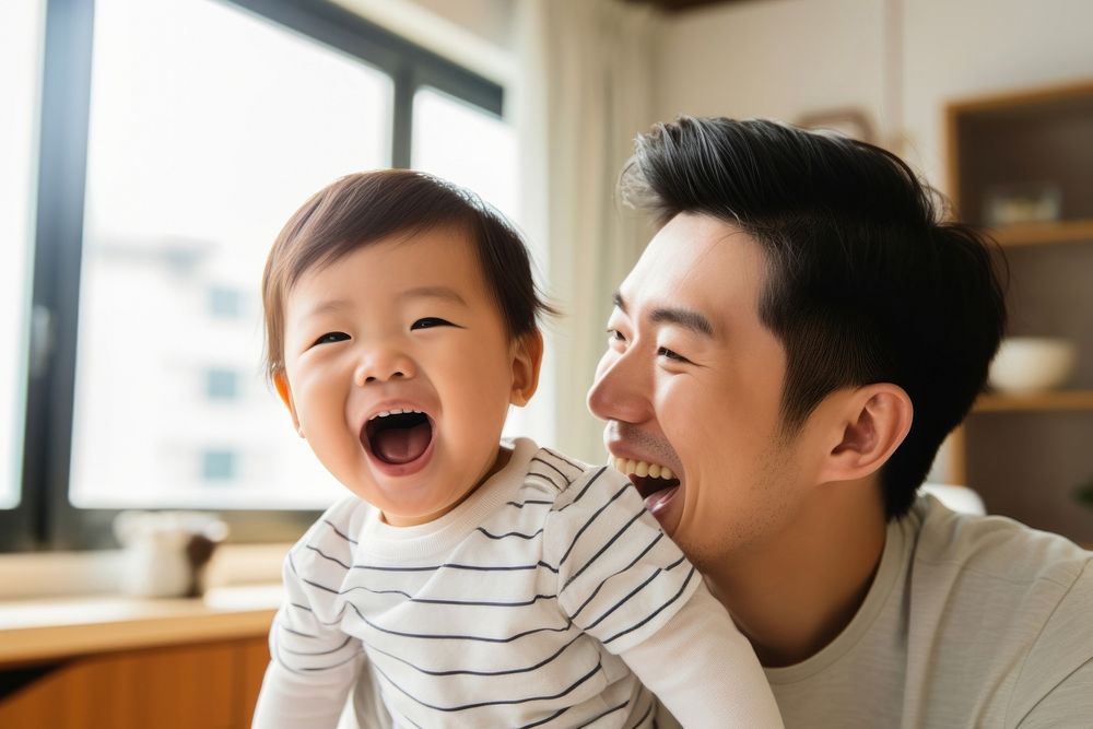 Son hugging happy father cheerful toddler baby. AI generated Image by rawpixel.