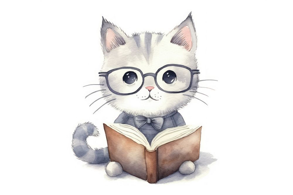 Cat read a book reading drawing glasses. AI generated Image by rawpixel.
