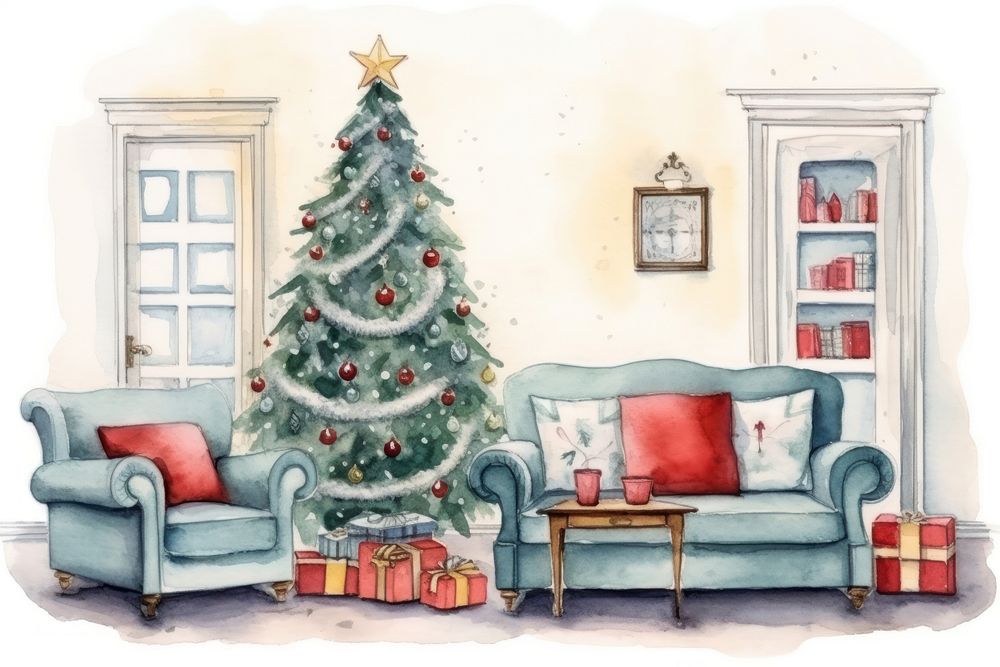 Christmas living room christmas furniture cartoon. AI generated Image by rawpixel.