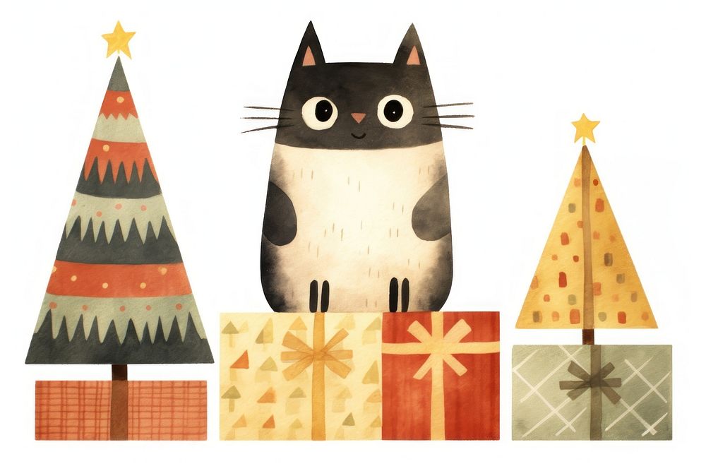 Lively cat character animal christmas sketch. 