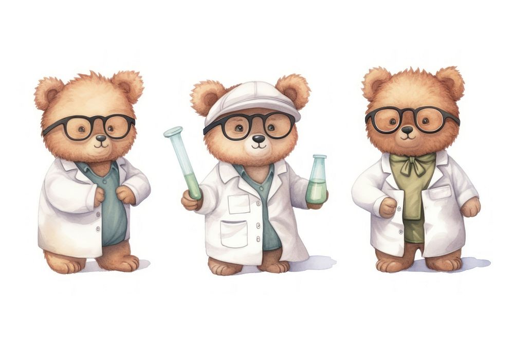 Bear scientist cartoon cute white background. AI generated Image by rawpixel.