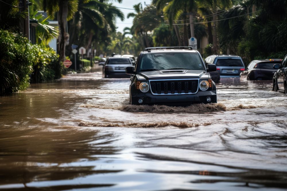 Floods vehicle street storm.