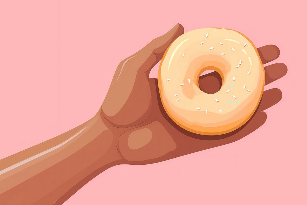 Hand holding donut bagel food confectionery. 