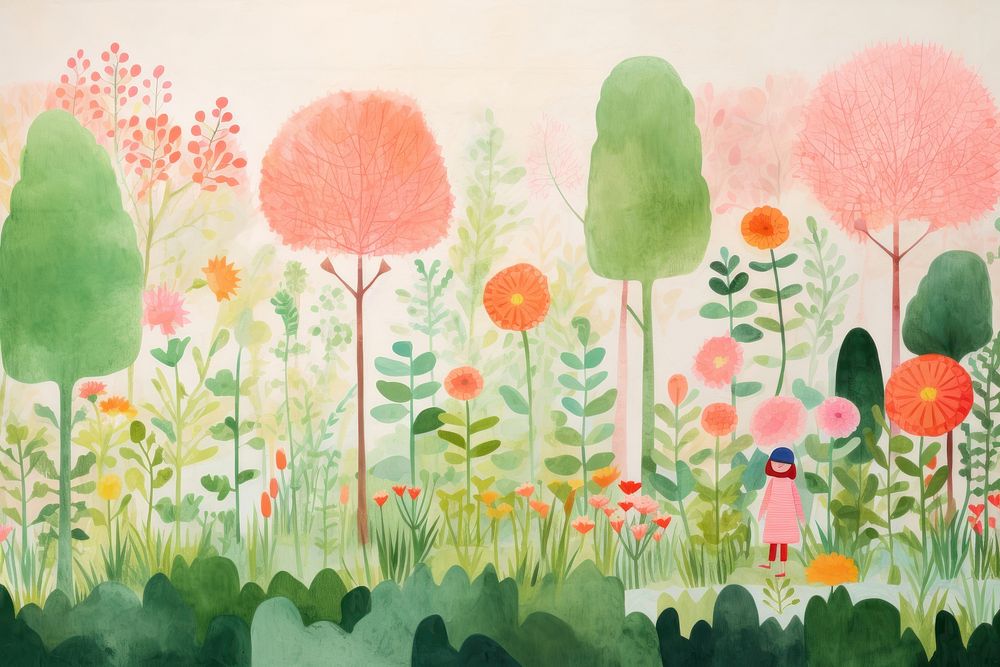 Garden scene painting flower plant. 