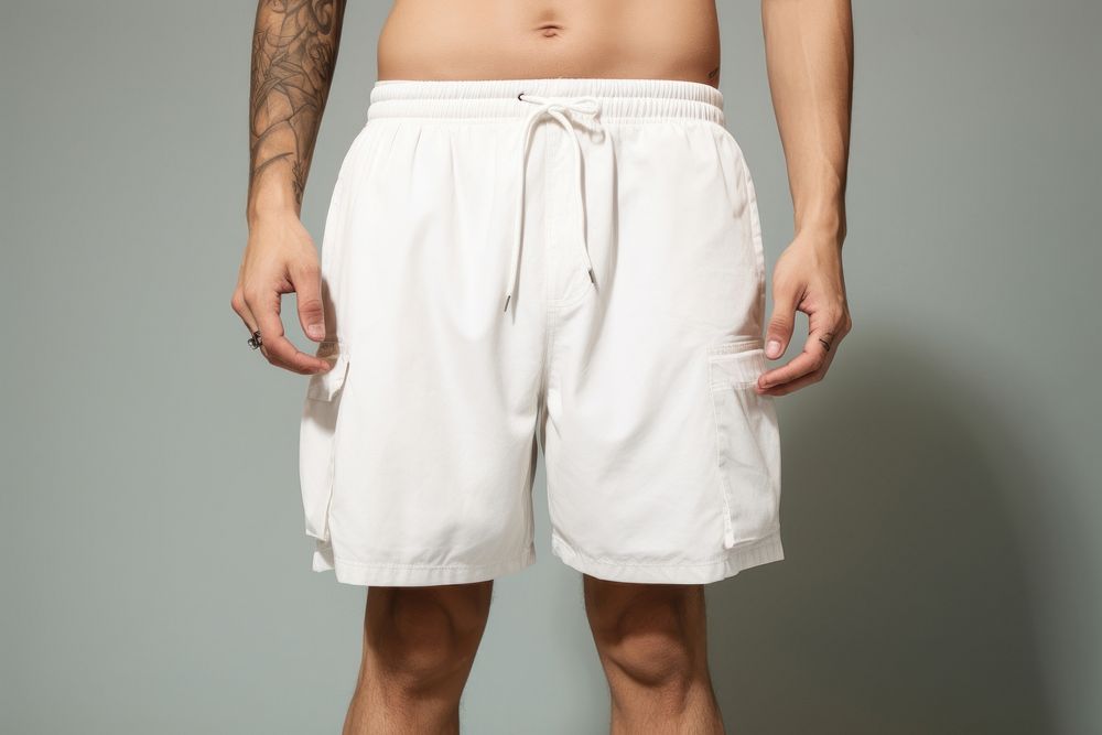 Blank white long cargo swimming trunks shorts undergarment underpants. AI generated Image by rawpixel.