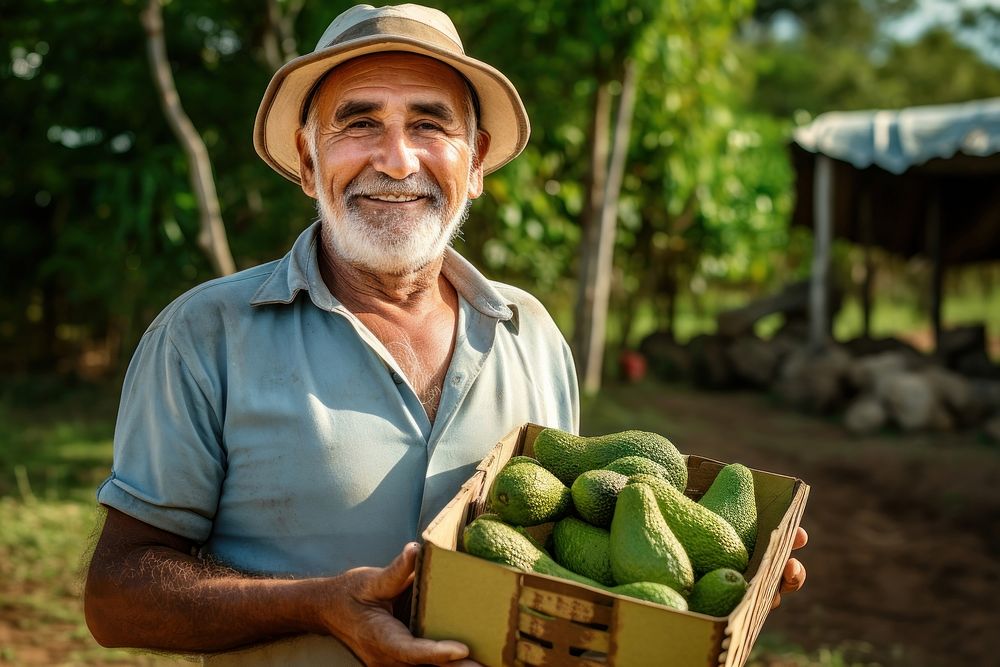 Male farmer holding adult food. 