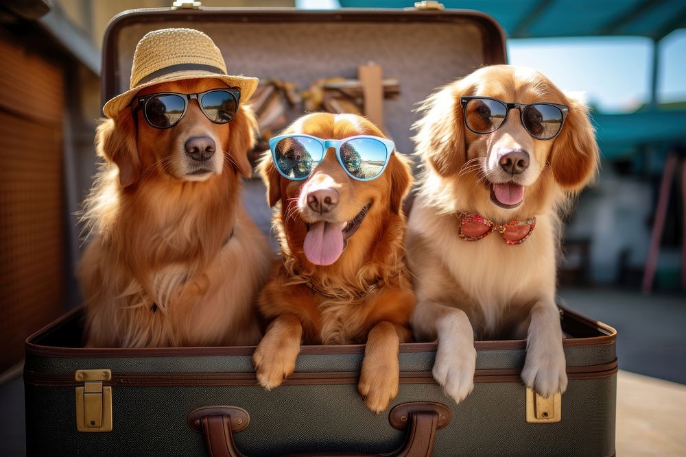 Happy dog sunglasses suitcase mammal. 