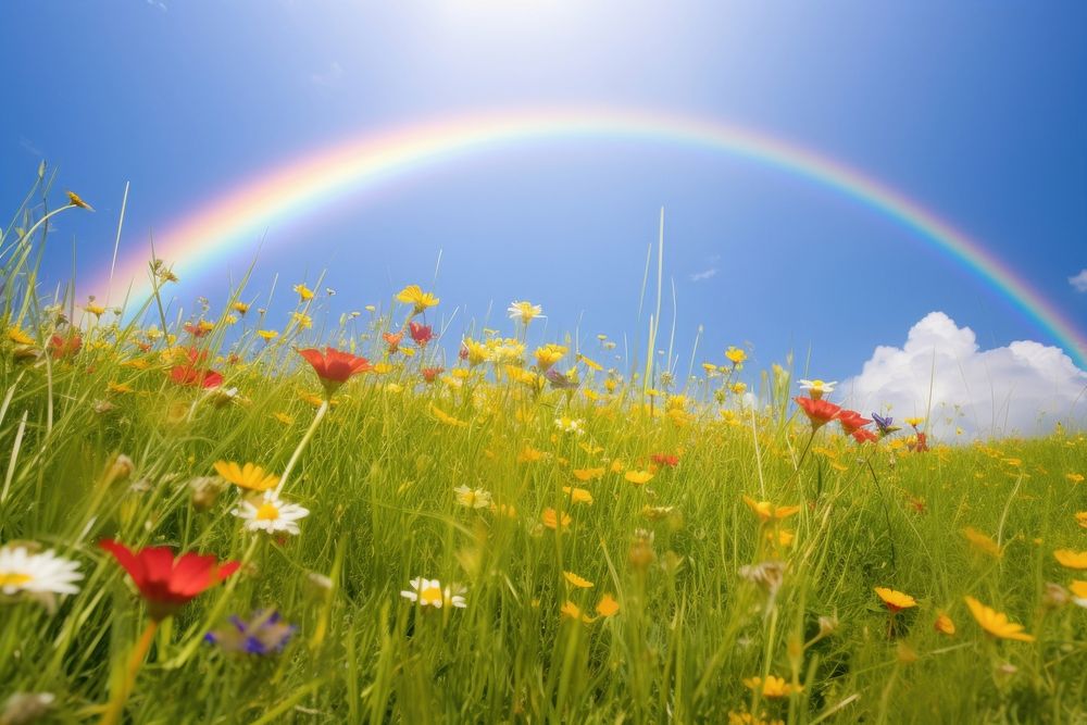 Wildflower rainbow field sky. 