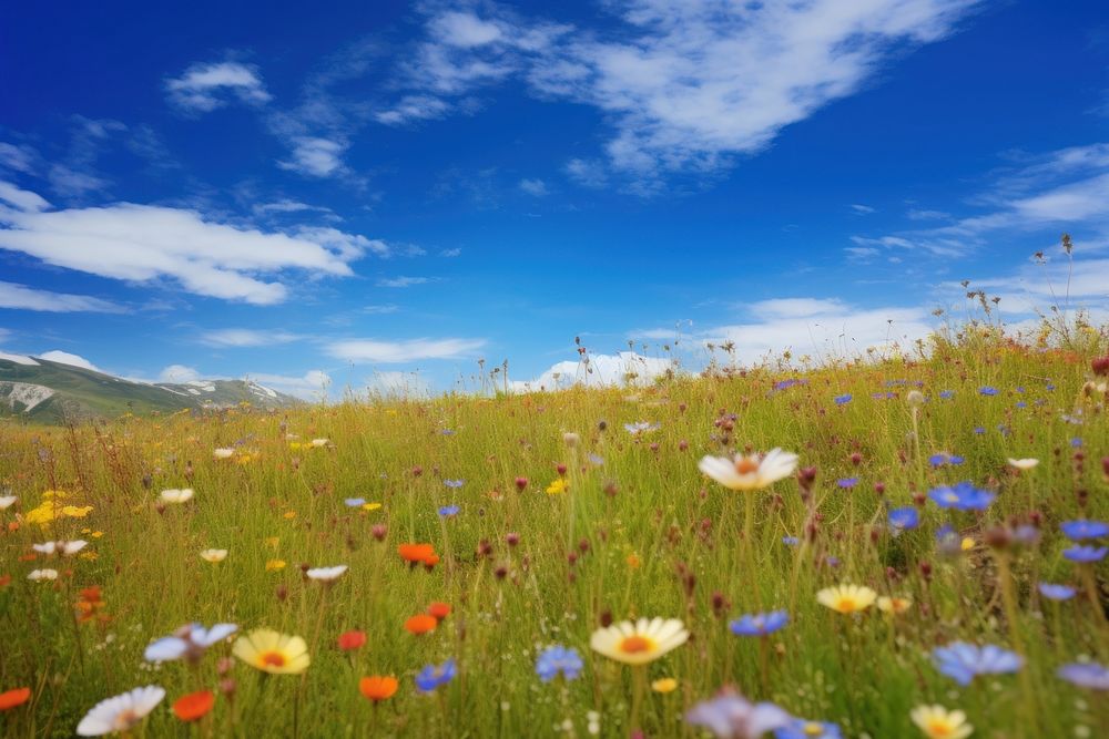 Wildflower field sky landscape. AI generated Image by rawpixel.