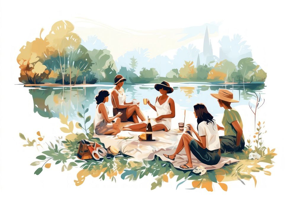 Diverse friends picnic near river adult togetherness refreshment. AI generated Image by rawpixel.