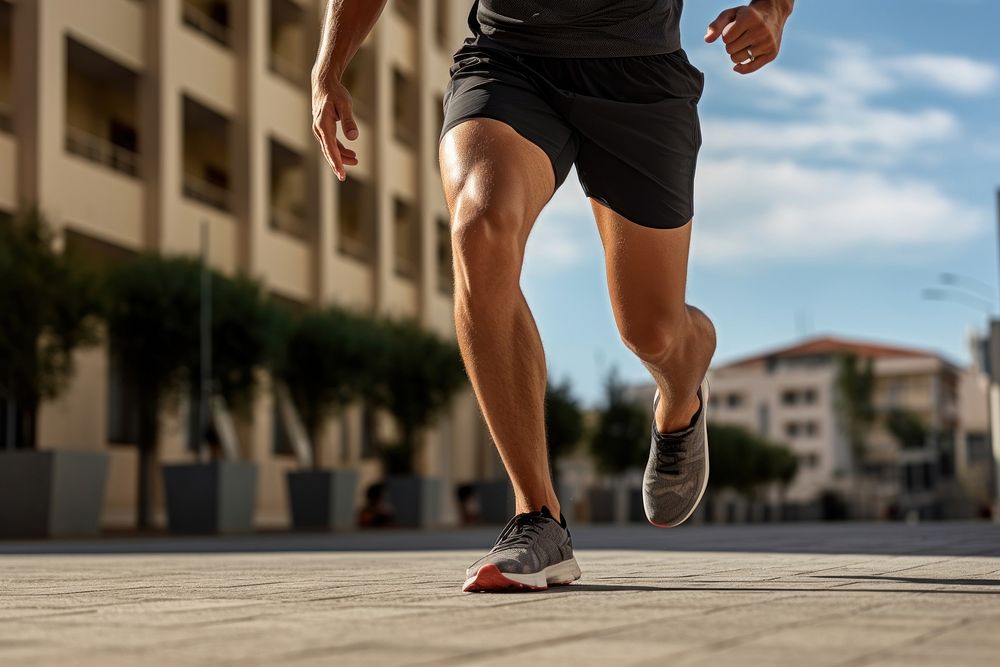 Fit man running shorts exercising. 