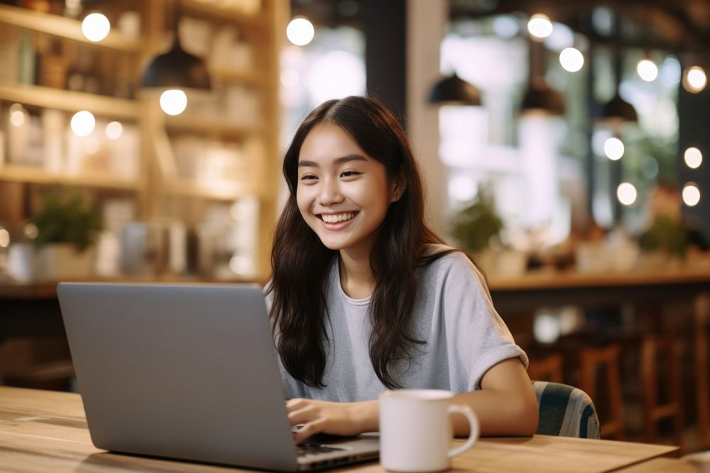 Asian girl working laptop computer coffee. AI generated Image by rawpixel.