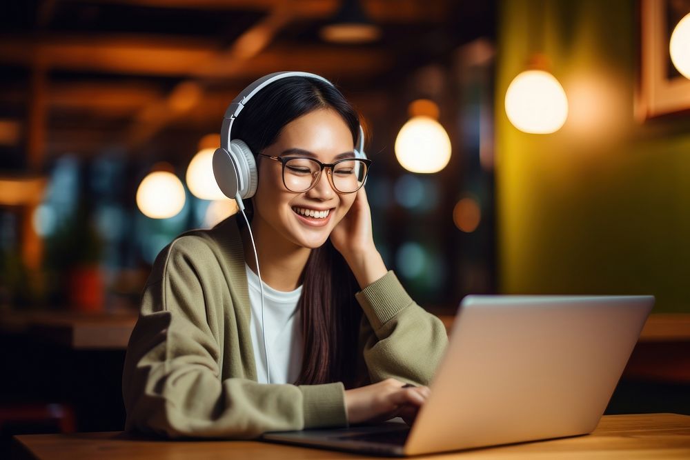 Asian girl working laptop headphones computer. AI generated Image by rawpixel.