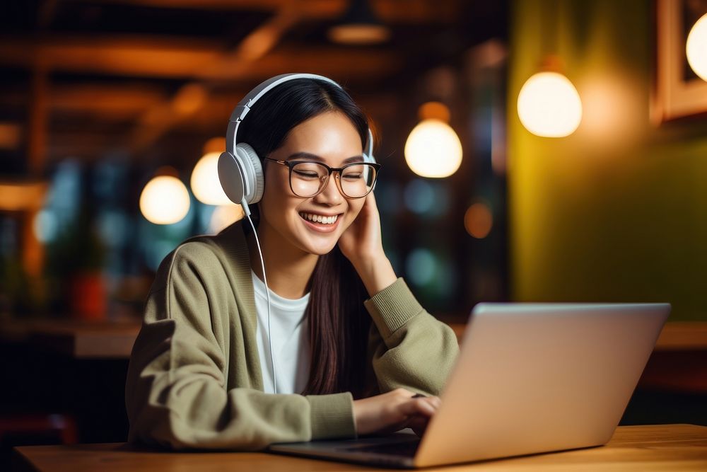 Asian girl working laptop headphones computer. 