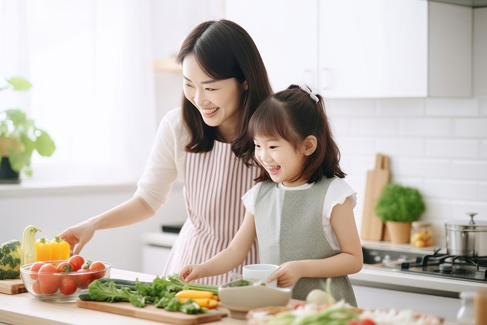 Asian family cooking child kitchen. 