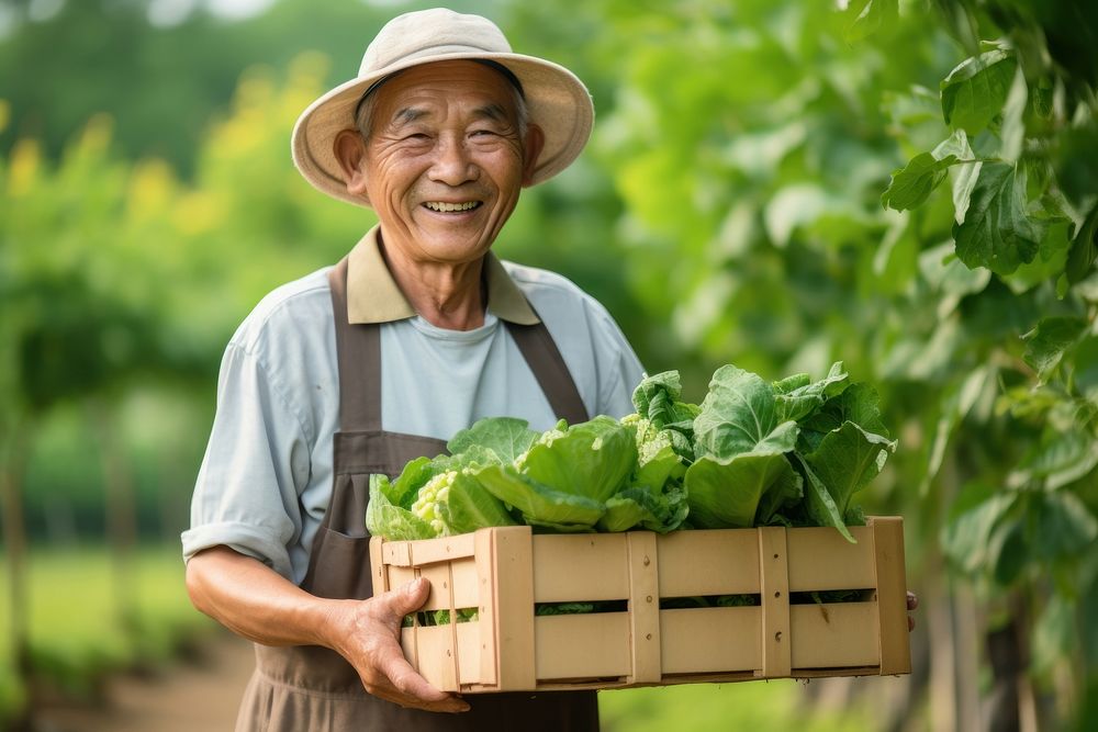 Happy old asian gardening vegetable holding. 