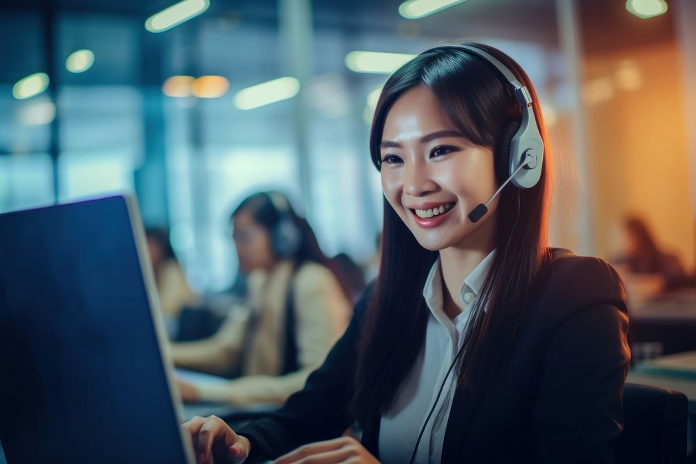 Asian women working laptop headphones computer. 