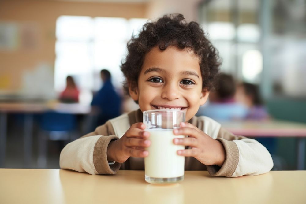 Kid drinking milk carton refreshment milkshake happiness. AI generated Image by rawpixel.