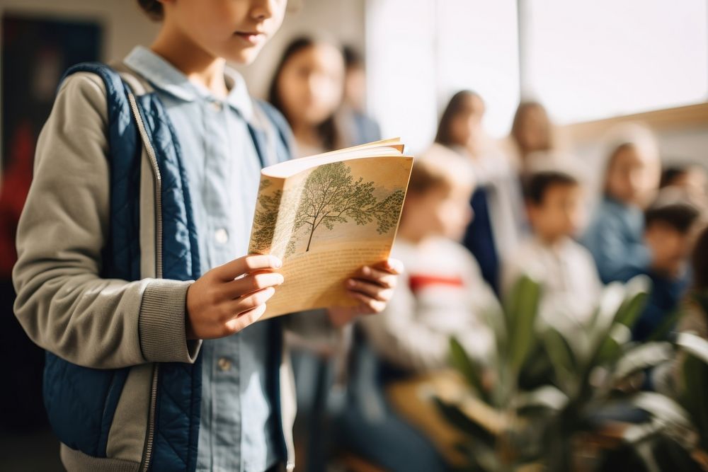 Kid standup holding book reading student child. AI generated Image by rawpixel.