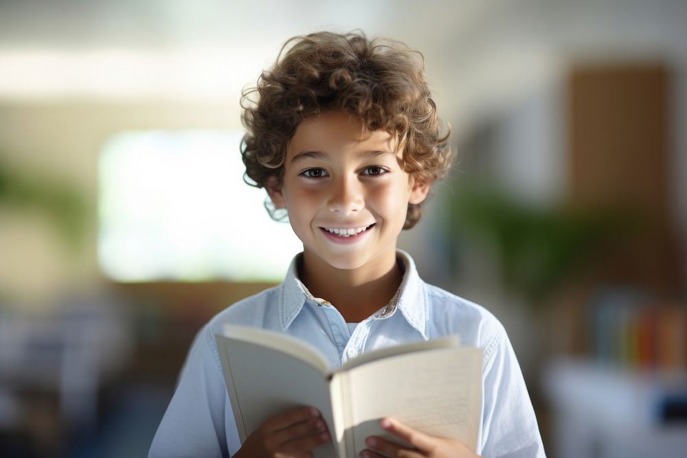 Kid standup holding book publication reading smile. AI generated Image by rawpixel.