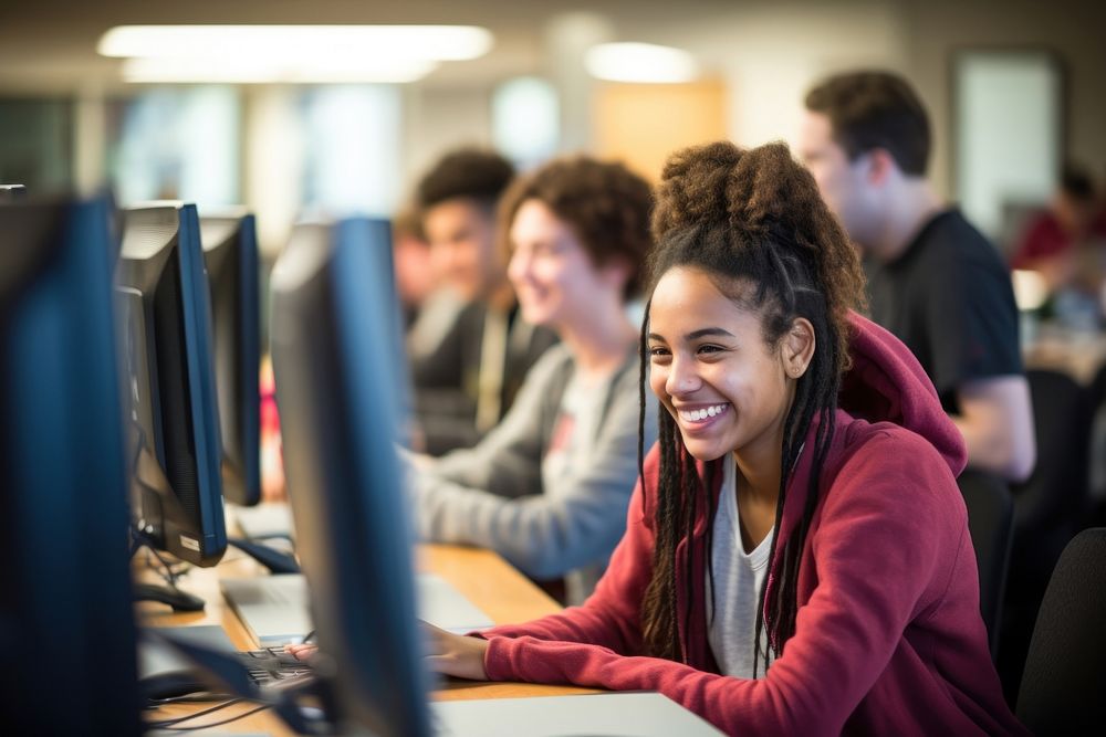 Students learning computer togetherness cooperation. | Premium Photo ...