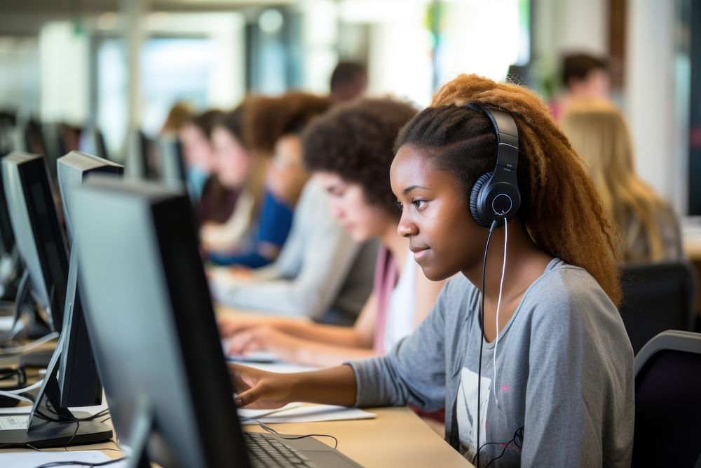 Students learning computer headphones headset. 