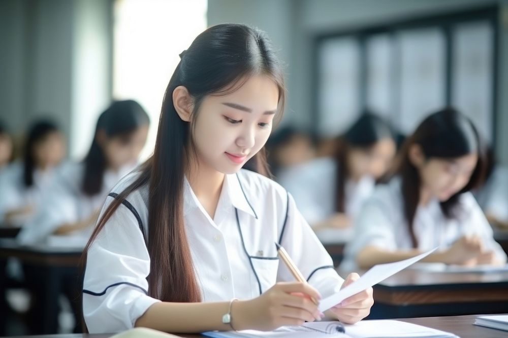 Students wear uniform having exam classroom concentration stethoscope. AI generated Image by rawpixel.