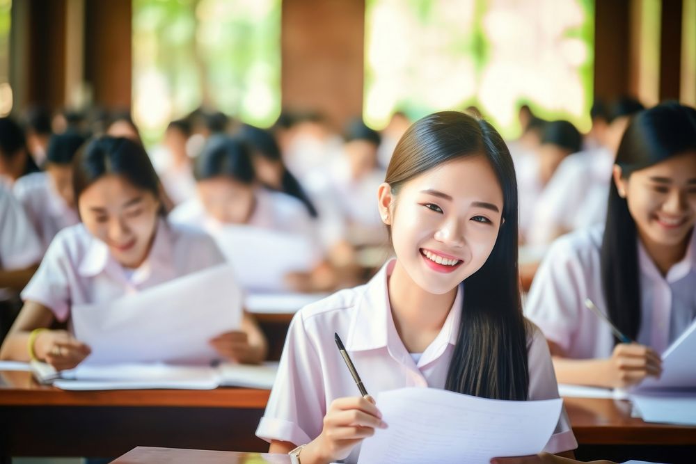 Students wear uniform having exam classroom adult architecture. AI generated Image by rawpixel.