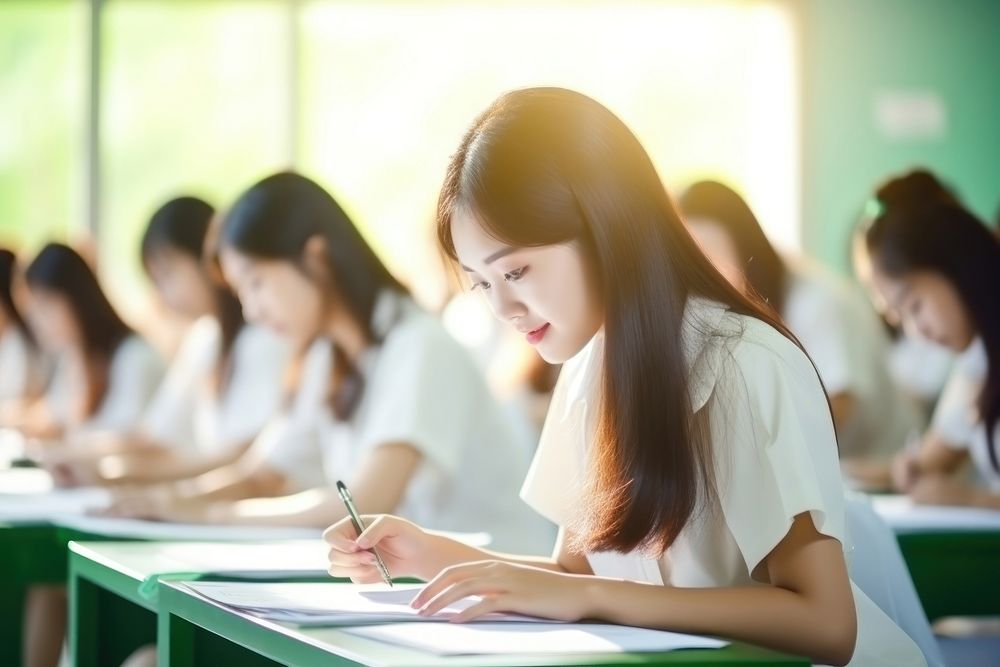 Students wear uniform having exam classroom writing concentration. AI generated Image by rawpixel.